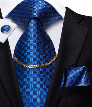 Hi-Cravată Albastru de Lux, Matase Mens Legături Batista Butoni Set Cu Lanț Cravată Bleumarin Moda Cravate pentru Barbati Classic de Afaceri