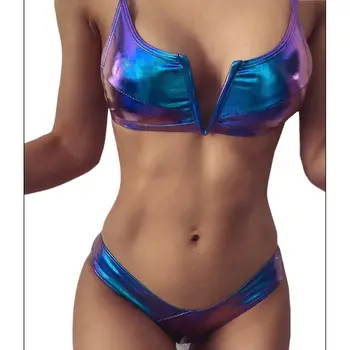 Femei Sexy Bikini Brazilian Set Holografic Faux Din Piele Metalic Costum De Baie Split V-Gât Colorate De Înaltă Tăiat Costum De Baie
