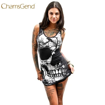 Chamsgend Nou Design Femeile Stilul Punk Skull Print Sexy Strânse Scurt Mini-Club Party Dress Fără Mâneci Plus Dimensiune Sundress 170622