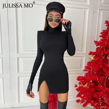 Julissa Mo Sexy Negru Split Bodycon Rochie Pentru Femei De Primavara Cu Maneci Lungi Guler Mini Rochii Casual, Fashion Party Vestidos