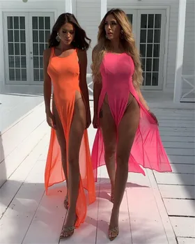 NOI 2019 Sexy Femei O de Gât Sleveless Plaja Rochie Lunga, Bikini Acoperi Caftan de Vacanță Topuri fără Mâneci rochie Erotic Sex Rochii
