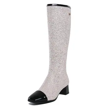 Euro Stil Nou Sosire, Femeile bling Cizme genunchi ridicat 4.5 cm tocuri inalte Primavara Toamna petrecere de nunta Pantofi de Femeie dimensiune 34-43
