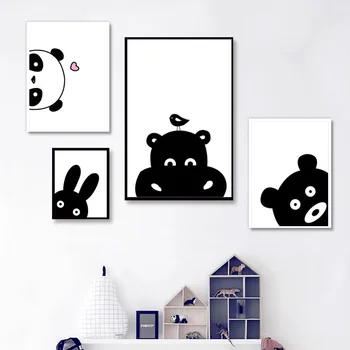 Animale, desene animate, Arta de Perete Panza Pictura Alb-Negru Urs Panda Iepure Nordic Postere si Printuri Copil Decor Dormitor