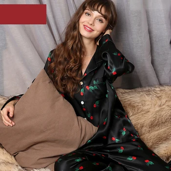 16 momme Negru matase naturala seturi de pijamale femei Coreea moda rose pictură Digitală maneca lunga autentic de mătase pijamale femei