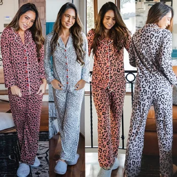 Daeyard Femei Leopard Pijama Set Pulover Casual Homewear Toamna Iarna Camasi cu Maneci Lungi Si Pantaloni 2 Bucati Pijamale Pijamale