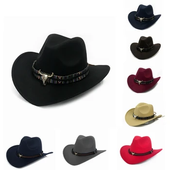 Stil Etnic Palarie De Cowboy De Moda Chic Unisex Culoare Solidă Jazz Pălărie Cu Taurul În Formă De Decor Western Pălării De Cowboy