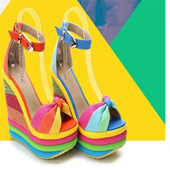 WDHKUN 2020 Noi de Vara Sexy Bohemia Casual Curcubeu Peep Toe Sandale cu Platforma Pentru Femei Pene Sandalias Plataforma Pantofi de Înaltă