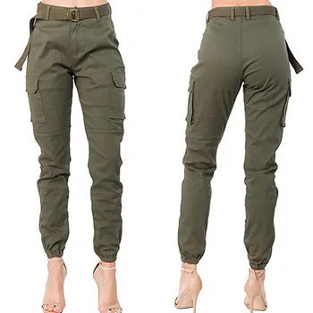 2020 Femei Talie Mare Slim Jogger Cargo Pantaloni De Culoare Solidă Cu Potrivire Centura Armata Verde De Fitness Pantaloni De Trening Mujer Pantalones