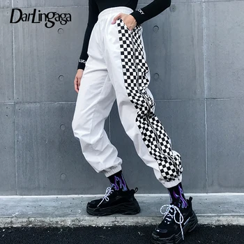 Darlingaga Streetwear alb pantaloni femei joggeri pantaloni talie mare parte tablă de șah cu fermoar pentru femei pantaloni largi jos pantalon