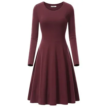 Toamna solide femei rochie Casual cu maneci lungi o-gât a-line rochie midi Vestidos galben roșu verde violet negru