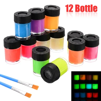 12 Sticlă de Vopsea Fluorescenta Neon Luminos Vopsea pe bază de Acril Stralucesc in Intuneric Pigment Set & 2 Perie Pentru Hârtie Pereti Ipsos