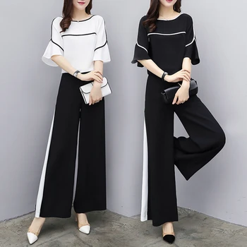 2020 Birou Doamnă stabilită de îmbrăcăminte pentru Femei de vară în alb și negru loose o bluza gât topuri + mare picior pantaloni plus dimensiune costume de TZ290