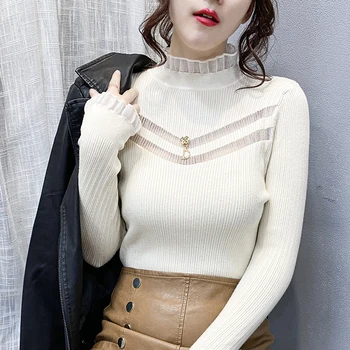 Toamna, Iarna Stil coreean Pulover Femei Chic Volane Plasă de Mozaic Topuri Iepure Lână Pulovere Ropa Mujer Tricotate Bluza T08901L