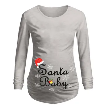 Moda Haine de Maternitate Topuri de Crăciun Femeie Gravidă Rochie Rochie cu Maneci Lungi de Imprimare T-shirt Cămașă de Gât Vestido