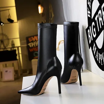 Moda de iarnă Cizme Pantofi Femei Cizme cu Toc din Piele de la Jumătatea vițel Toc Subțire Sexy cu Toc Înalt, a Subliniat Negru Maro Cizme pentru Femei