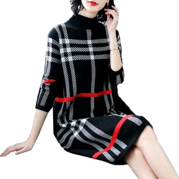 Rochie de femei Toamna Iarna High-gât Pulover Tricotate pulover coreea Mid-Timp Liber Elegant Zăbrele Rochii de Externe Purta W58