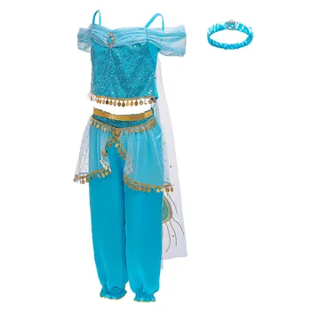 Fete Jasmine Dress Up Haine De Carnaval Pentru Copii Costum Petrecere Copii Aladdin Albastru Verde Printesa De Lux Rochii De Halloween Cosplay
