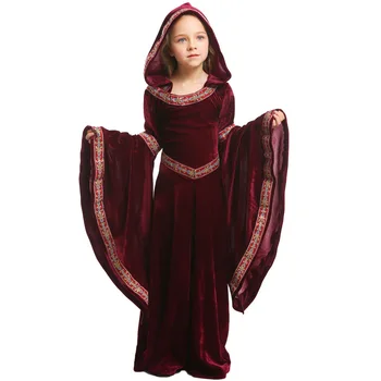 Costum de Halloween pentru Copil Fata Medieval Cosplay Vampir, Vrăjitoare Rochie de Evul mediu Petrecere de Carnaval Performanță de Lungă Pânză Visiniu
