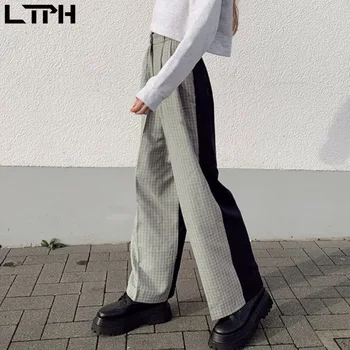 2020 Toamna new sosire stil coreean streetwear femei pantaloni de moda de culoare lovit Despicare de Mare wais epocă Drept Carouri pantaloni