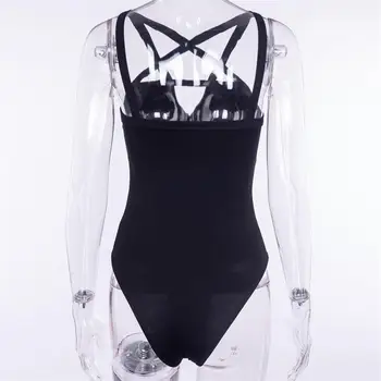 Femei Sexy Gotic Gol Afară De Întindere Body Cross Bandaj Romper Stele Imprimate Tricou Topuri Salopeta