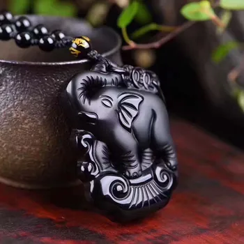 Picătură de Transport maritim Negru Obsidian Elefant Norocos Pandantive Negru Ganesha Colier Pandantiv bărbați bijuterii Bijuterii Jad