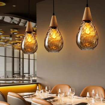 Nordic creative sticlă lampă de pandantiv dia 16 20cm chihlimbar gri clar formă de picătură de Apă de sticlă lemn lampă de agățat pentru restaurant