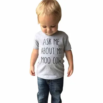 Baieti cu Maneci Scurte T-shirt Toddler Copii Haine pentru Copii Scrisoare de Imprimare Topuri T-Shirt Bluza Întreabă-Mă Despre Moo Vacă Tricou