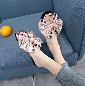 EFFGT Cristal bowknot Papuci Sandale Femei Pantofi de Vară open-toe sandale pantofi Femei Slide-uri Doamnelor în aer liber, Apartamente, papuci de casă