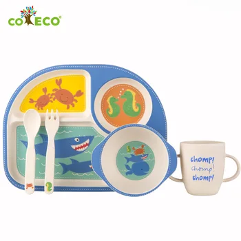 Coeco / Desene animate Drăguț Fibre de Bambus Tacamuri pentru Copii Baby Furculiță Lingură Copilul Hrană Suplimentară Lingura de Supa Placa