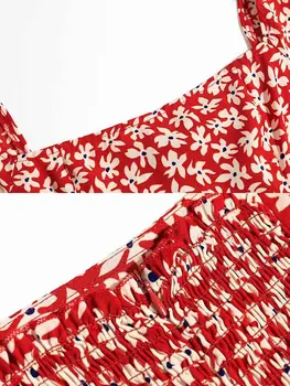 Yinlinhe Print Rosu Stil francez Rochie Lunga pentru Femei Talie Elastic Rochie de Vara cu Maneca Lunga Epocă Split Îmbrace Haine de Sărbătoare 1664