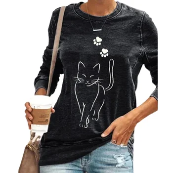 Casual Pisica Neagra Print Flori T-shirt pentru Femei Toamna Pierde O-Neck Maneca Lunga Top Fashion Street Doamnelor Plus Dimensiune Teuri S-3XL