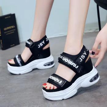 New Sosire 2019 Vara Sandale cu Platforma Femei 10 CM Pene Fund Gros Pantofi Casual Confortabil Alb Negru Sandale Adidasi