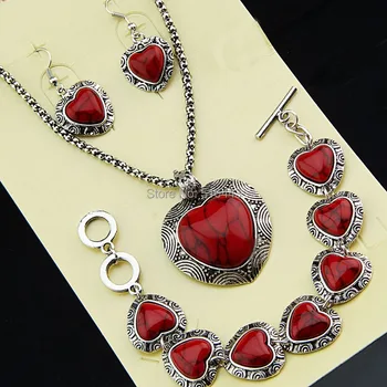 Vintage, Seturi Argint Antic Inima Natural Roșu Turcoaz Cercei Bratara Colier Femei Retro Set De Bijuterii A1087
