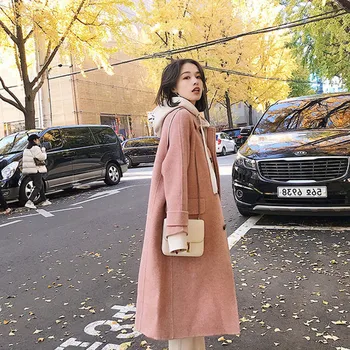 De lână, Amestecuri de Femei Roz Dulce Elegant All-meci Femei Lung Haina de Iarna Cald de Înaltă Calitate de zi cu Zi Harajuku coreea Style Moda