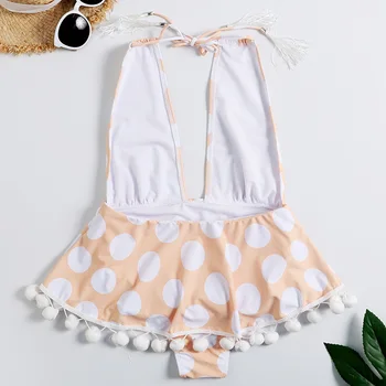 Adânc-V Stilul Femei Costume de baie Drăguț Polka Dot Print-O singură Bucată de costume de Baie cu Pom Pom Mingea Ciucure Bodysuit Monokini 2019 Beachwear