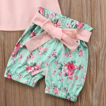 2018 Moda Toddler Copii Drăguț Copil Fată Dantelă Florale Bowknot Top T-shirt, pantaloni Scurți, Costume Set de Haine de Vara