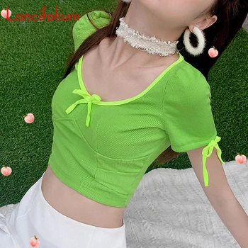 Sexy V-Neck Crop Top Pentru Femei De Vară Cravată Față Tricot T Shirt Doamnelor Puf Verde Cu Maneci Scurte Baddie Egirl Top Trunchiate Tricou 2020