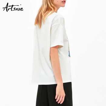 Artsnie streetwear desene animate casual pentru femei tricou de vara 2019 o gât scurt maneca tricou alb topuri mujer tricotate t-shirt femme