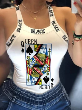 Maiouri De Poker Pică Q Print Slim Tricou Fără Mâneci Sexy Femei Topuri Tricou Elegant Bowknot Spate Plus Dimensiune Curele Vesta Topuri