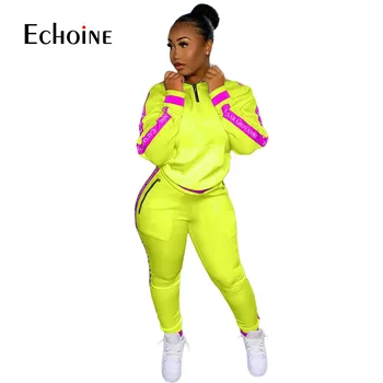 Echoine Femei Sportwear Scrisoare de imprimare Despicare de Buzunar Set cu Fermoar, Hanorace Pantaloni Set Trening Două Bucata Costum de Active Trening