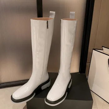 MORAZORA 2021 New sosire femei cizme med tocuri deget de la picior pătrat confortabil doamnelor pantofi de iarna cizme genunchi ridicat orez negru alb