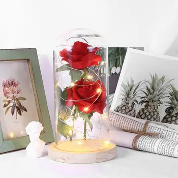 Trandafir roșu În Vasul de Flori În Cupolă de Sticlă Pe O Bază de Lemn de Noapte LED-uri Pentru Cadou de Ziua Îndrăgostiților pentru Fete Aniversare de Nunta de Decorare