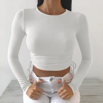 Shestyle Cordon Solid 2020 Toamna tricouri Femei cu Maneci Lungi Skinny Strans O de Gât Simplu Design de Brand Culturilor Topuri la Modă