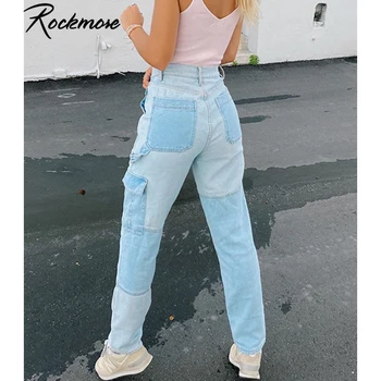 Rockmore Mozaic Blugi Femei Vintage Liber Largi Picior Pantaloni Doamnelor Buzunare Streetwear Înaltă Waisted Jean Pantaloni din Denim Casual