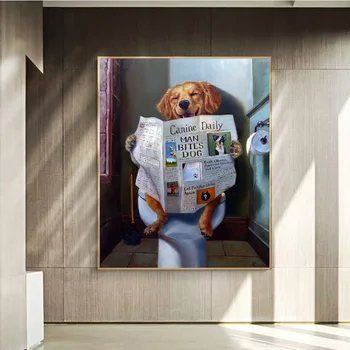 Animale Amuzant Smile Dog Citit Ziar Pictura In Ulei Pe Panza, Arta De Perete Poster Și Imprimă Imaginea De Baie, Toaletă Decor
