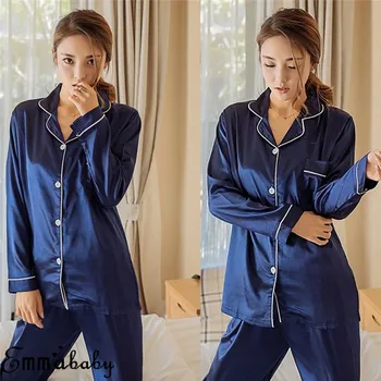 2 buc Femei Matase Satin Set de Pijama Toamna Topuri cu Maneci Lungi+Pantaloni de Pijamale Pijamale Pijamale roupa de noite das mulheres