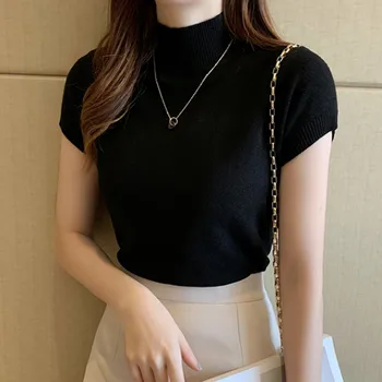 Coreea Style Femei Nou Topuri Tricotate Moda Casual de Vara de Înaltă Guler Culoare Solidă Maneca Scurta tricou Topuri Femei Tricou#45