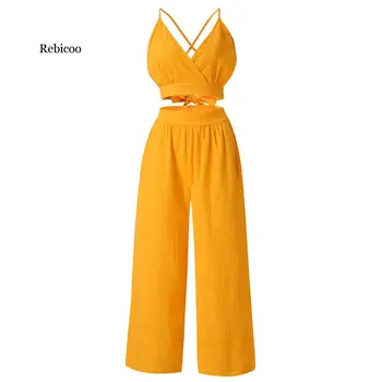 Femei trening de Vara Feminine Două Bucăți fără Mâneci Topuri Tricou+pantaloni lungi Set 2 BUC Set galben Femei costum de moda