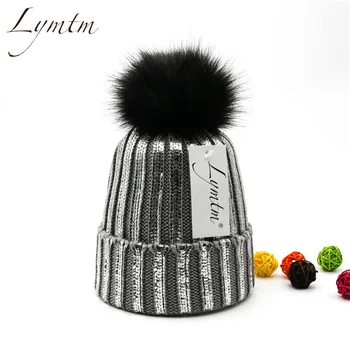 2020 Iarna Metalice Tricotate 13CM Pompom Beanie Hat pentru Femei de Moda Faux Blana Pom Pom Bronz Cald Tricot Pălării Fete Căciuli Capace