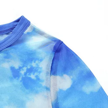 Moda De Vara Noi Cer Albastru Și Alb Nor Imprimate T-Shirt Sexy Buric Subțire De Sex Feminin Digital Print Mesh Transparent Tricou Pentru Doamna
